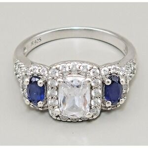 925 Sterling Silver Size 7 Ring Simulated Diamond & Lab Created Blue Sapphire